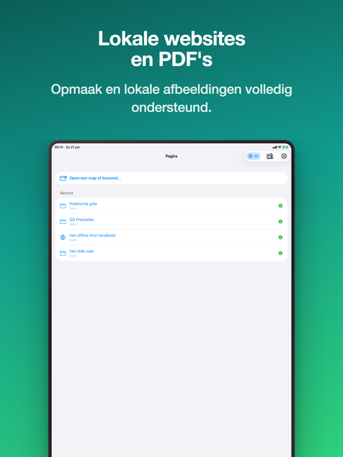 Pagira toont het beginscherm met recente items op iPad