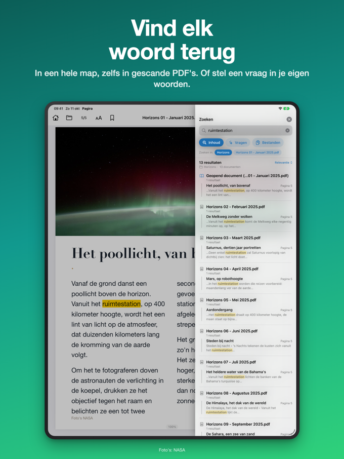 Het zoekpaneel van Pagira op iPad, met de tabbladen Inhoud, Vragen en Bestanden