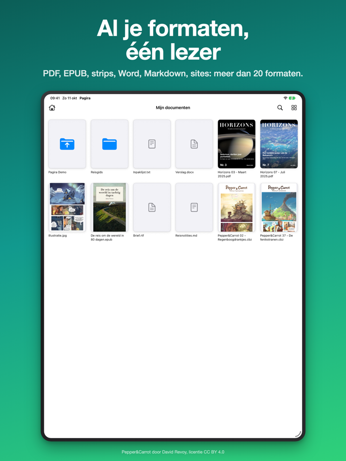 Een map met PDF's, boeken, strips en Word-documenten, als miniaturen weergegeven in Pagira op iPad