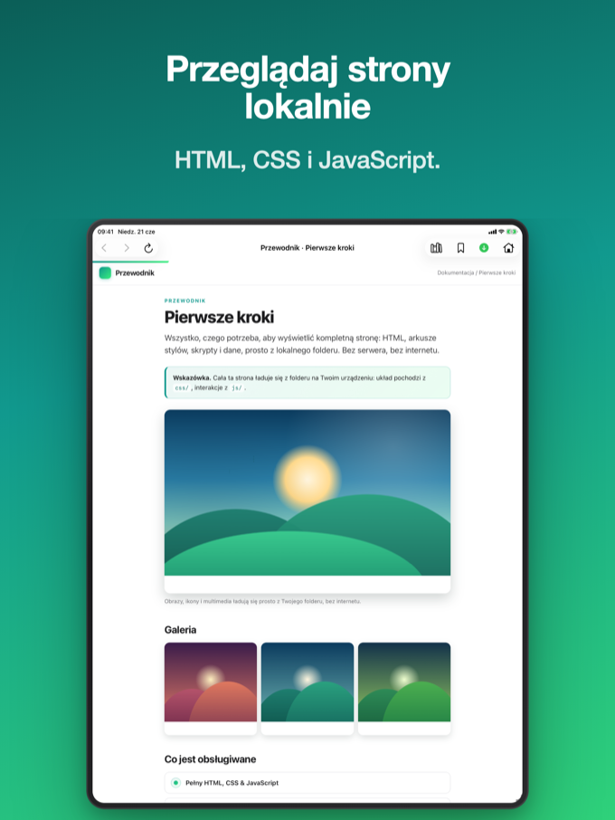 Pagira wyświetlająca kompletną lokalną witrynę na iPadzie