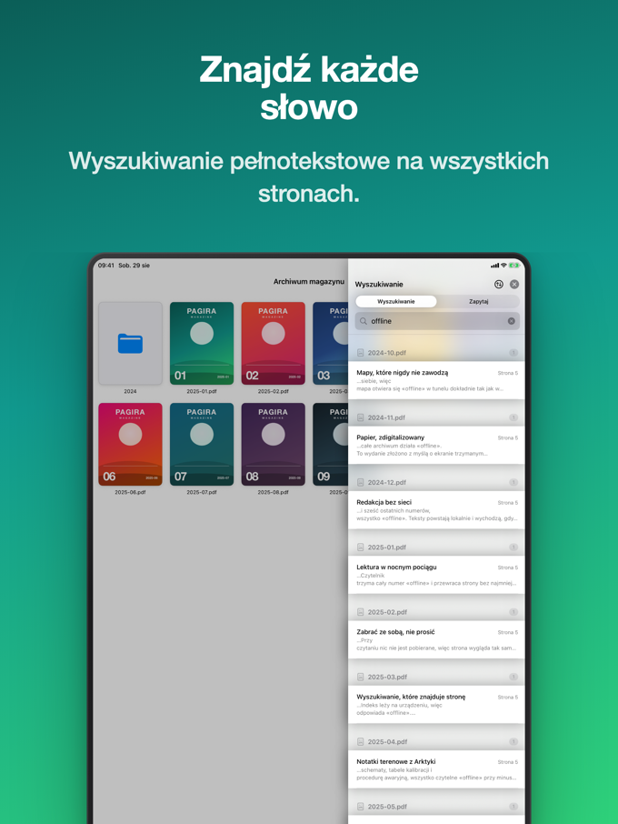Wyniki wyszukiwania pogrupowane według dokumentu w Pagirze na iPadzie
