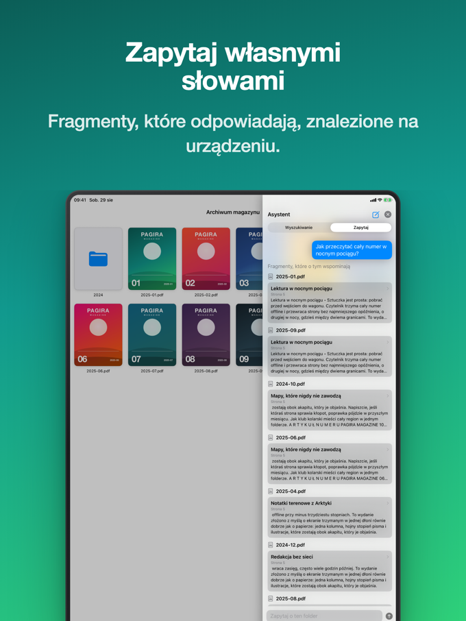 Pytanie zadane zwykłym językiem i fragmenty, które na nie odpowiadają, w Pagirze na iPadzie