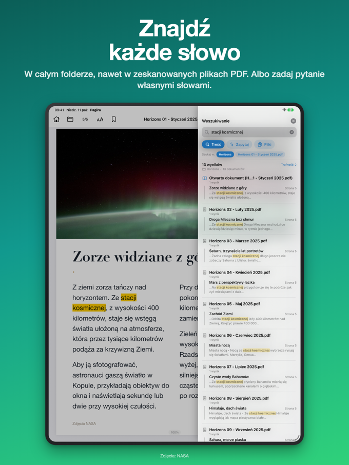 Panel wyszukiwania Pagiry na iPadzie, z kartami Treść, Zapytaj i Pliki