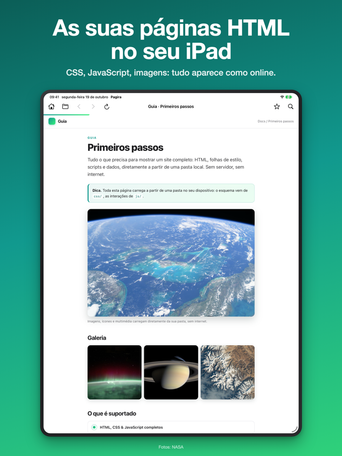 O Pagira a mostrar uma página web local completa, com a paginação e as imagens, no iPad