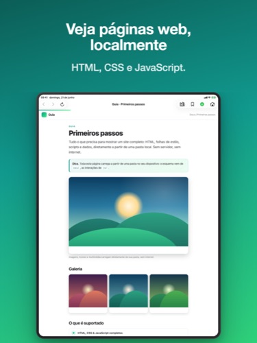 O Pagira a mostrar um site local completo no iPad