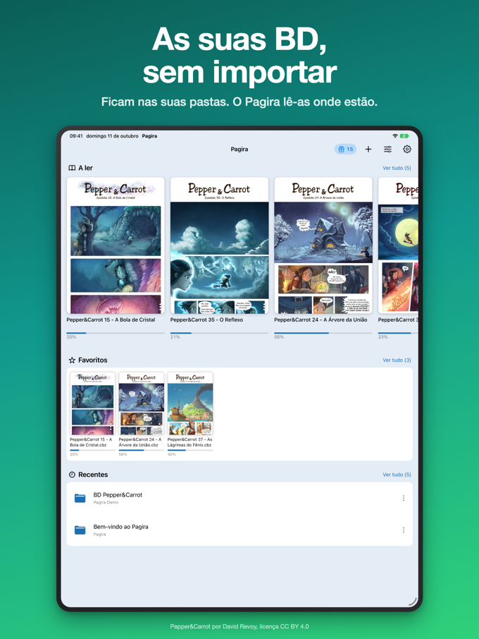 O ecrã inicial do Pagira no iPad: A ler, Favoritos e Recentes, com as respetivas capas