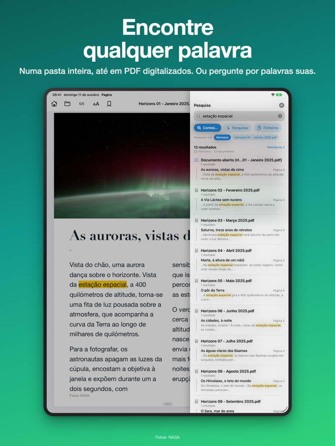 O painel de pesquisa do Pagira no iPad, com os separadores Conteúdo, Perguntar e Ficheiros